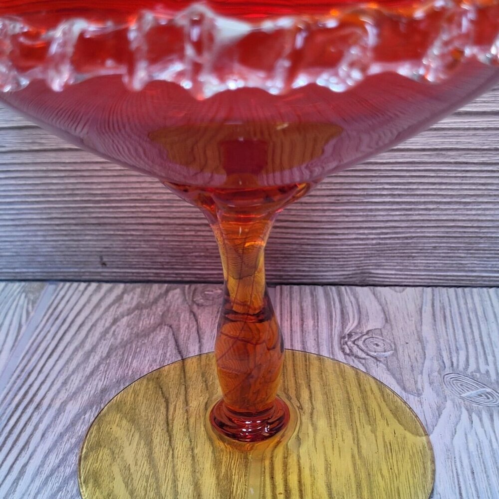 Vintage Ruby Red‎ Art Glass Pedestal Compote Bowl Clear Ruffled Edge 7.5 Inch - Picture 4 of 13